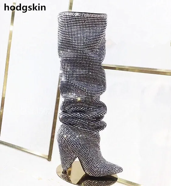 Glliter Bling Luxury Crystal Long Boots Rhinestone Spikes High Heels Slip-On Knee High Boots Party Shoes Woman Color: as