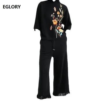 

Women's Set 2019 Autumn Winter Sweater Suit Women Turntleneck Exquisite Embroidery Knitted Pullovers+Tassel Warm Pant Set 2pc