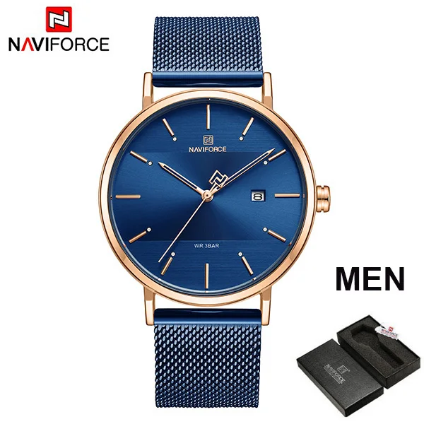 NAVIFORCE, пара часов, модные, для влюбленных, повседневные, спортивные часы,, Роскошные, Топ бренд, браслет, наручные часы для мужчин, женщин, девушек, подарки - Цвет: BlueMenBox