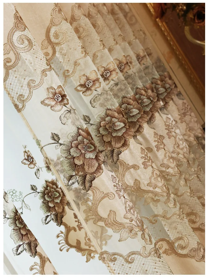 Curtains for Living Dining Room Bedroom European Style Luxury Embroidered Beige Chenille Valance Tulle Windows Hollow Out Door