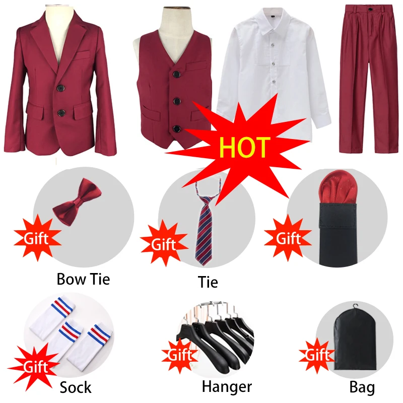Red Suits Детские костюмы для мальчиков, 5 шт. черные блейзеры торжественные смокинги для свадьбы, Подростковая школьная праздничная одежда модный блейзер с цветочным узором для мальчиков, костюм для мальчиков - Цвет: Red Suits