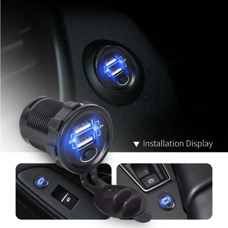 12 V-24 V Dual USB Автомобильное зарядное устройство 5V 2.1A автомобиля Зарядное устройство адаптер с вкл/выкл переключатель Мощность волоконно оптический кабель для автомобиля Мотоцикл смарт-чехол для телефона