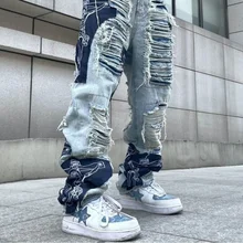 High street knife cut damage patch cloth hole splice jeans men and women hip hop straight leg baggy jeans  y2k pants