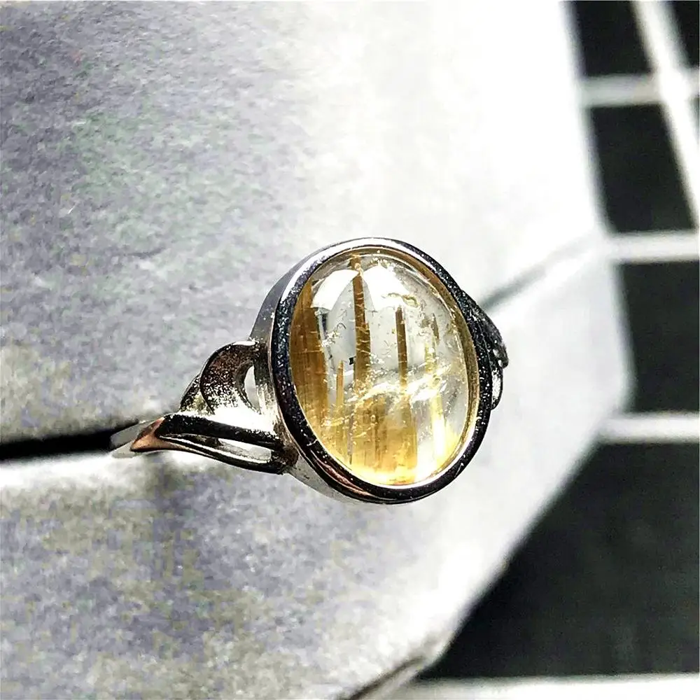 

Top Natural Gold Rutilated Quartz Ring For Woman Man Clear Crystal 12x10mm Oval Beads Silver Stone Adjustable Ring Jewelry AAAAA