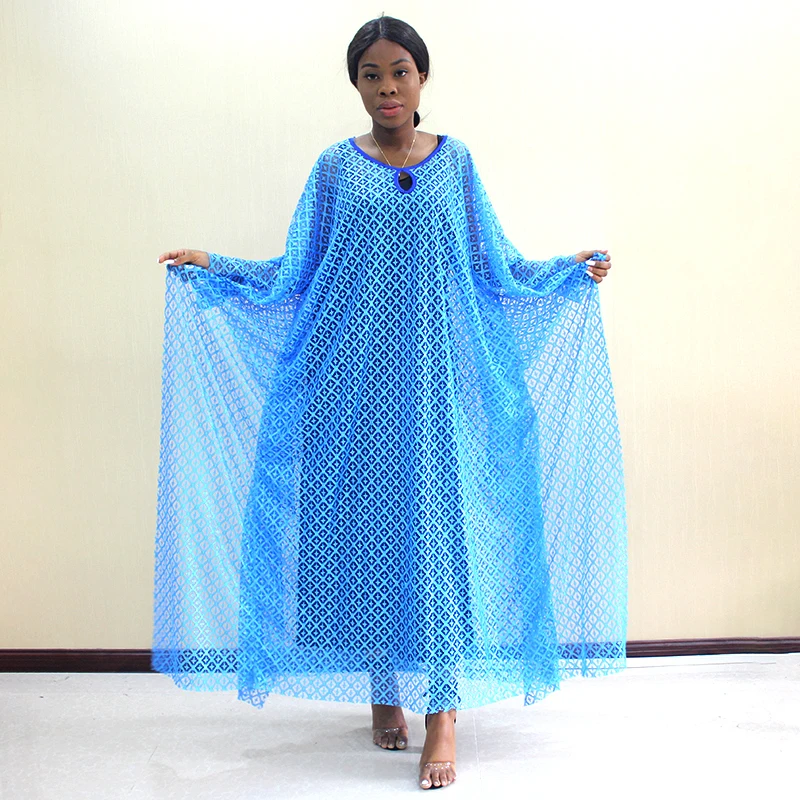 

African Lace Fabric Hollow Out Solid Vintage Women Dress Loose Fashion with Spaghetti Strap Dress