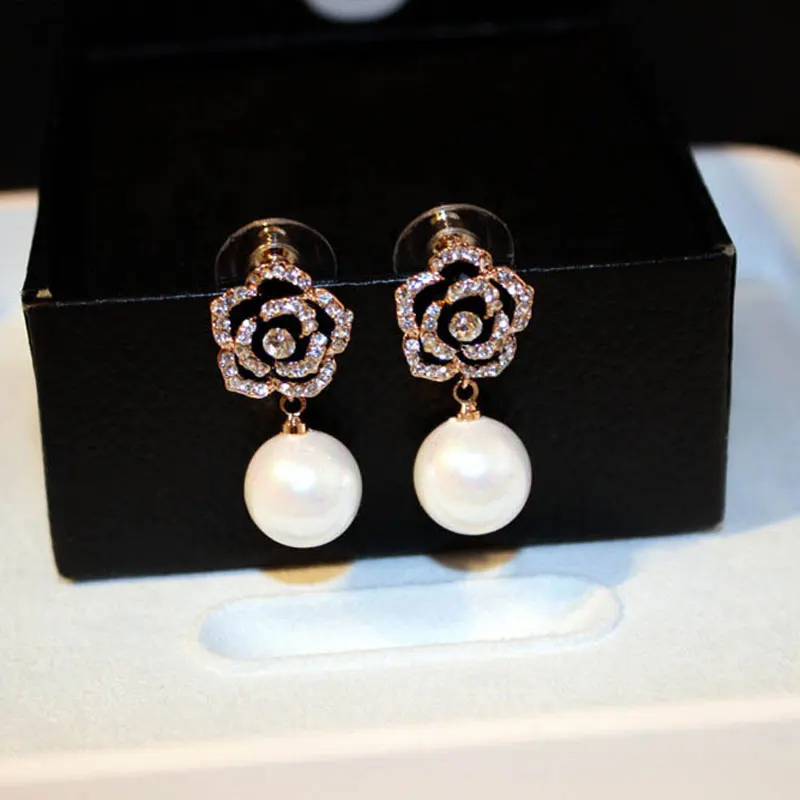 Flower Shining Cubic Flower Crystal Drop Pearl Pendant Tassel Earrings For Women Wedding Party Jewelry