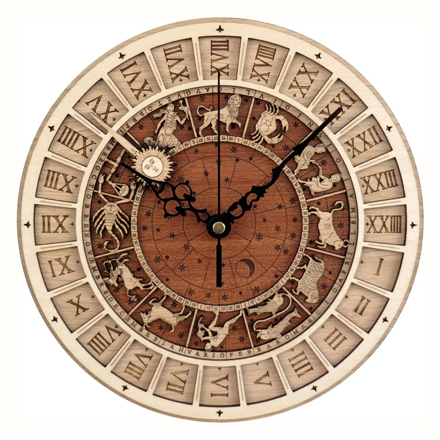 

Creative Wooden Wall Clock Modern Design Twelve Constellations Theme Antique Style Hanging Clocks Wood Wall Watch Home Decor