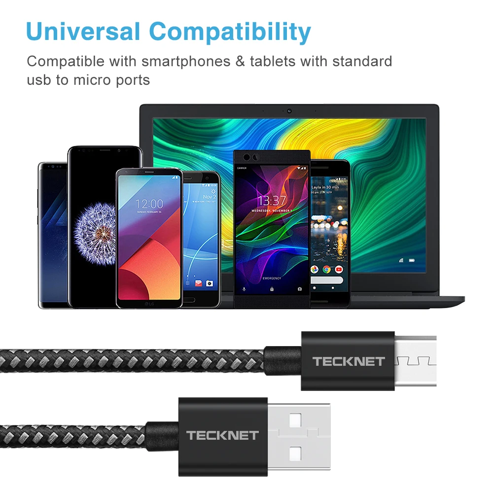 TeckNet Micro USB кабель 2.4A зарядный кабель для мобильного телефона нейлоновая оплетка синхронизация высокоскоростное Зарядное устройство USB кабель для samsung/htc/sony