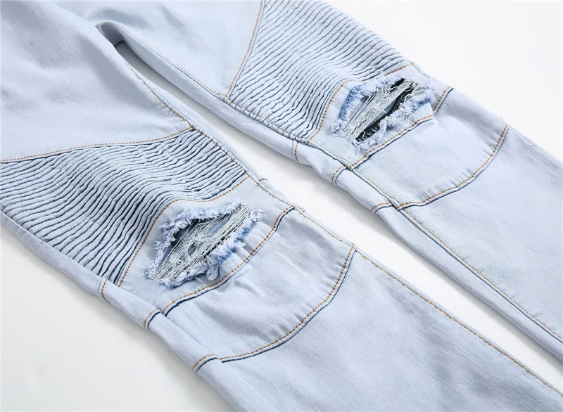 Новые мужские рваные байкерские Джинсы Брюки Slim Fit Distressed джинсовые брюки для мужчин хорошо тянется светло-голубой Плюс Размер 28-42