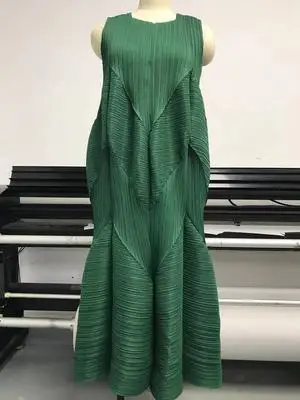 Горячая Miyake модное складное платье без рукавов однотонное с v-образным вырезом длинное платье - Цвет: Зеленый