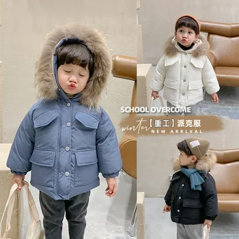 

Children's warm cotton clothes boys' Hooded Winter Coats big wool collar cotton padded clothes baby's thickened outerwear 10-8