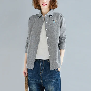 

COIGARSAM Casual Shirt Womens tops New Spring Striped Cotton Linen Full Sleeve Embroidery Chiffon Loose Women shirts Gray 8076