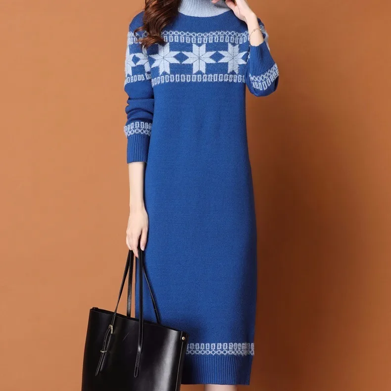 Платье-Свитер с вышивкой, элегантное женское трикотажное платье, Осень-зима, теплое вязаное женское платье, свободные миди платья, Украина - Цвет: blue