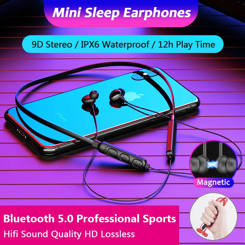 Sport Bluetooth Earphones Magnetic 9D Stereo Wireless 5.0 Headset Mini Earbuds Help Sleep Neckband Headphones with Mic | Электроника