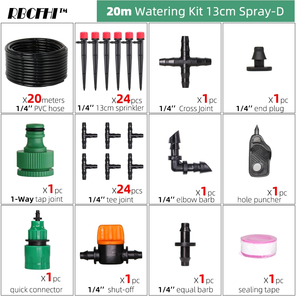 RBCFHI 13CM Stake Emitters Drip Kit System 1/4'' Hose Adjustable Nozzles Kit 4-Way Micro Watering Flow Gardens Flowers Vegetable 