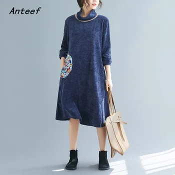 

long sleeve cotton knitted vintage embroidery women casual loose midi autumn winter dress elegant clothes 2020 ladies dresses