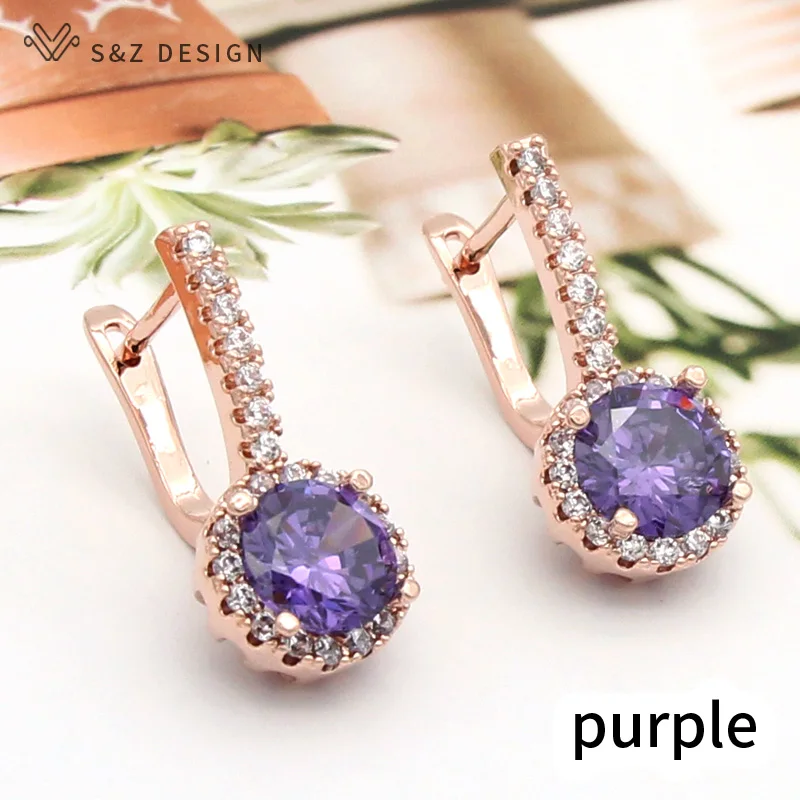 S&Z DESIGN New Fashion 585 Rose Gold Color Round Cubic Zirconia Dangle Earrings For Women Wedding Party Jewelry Gift