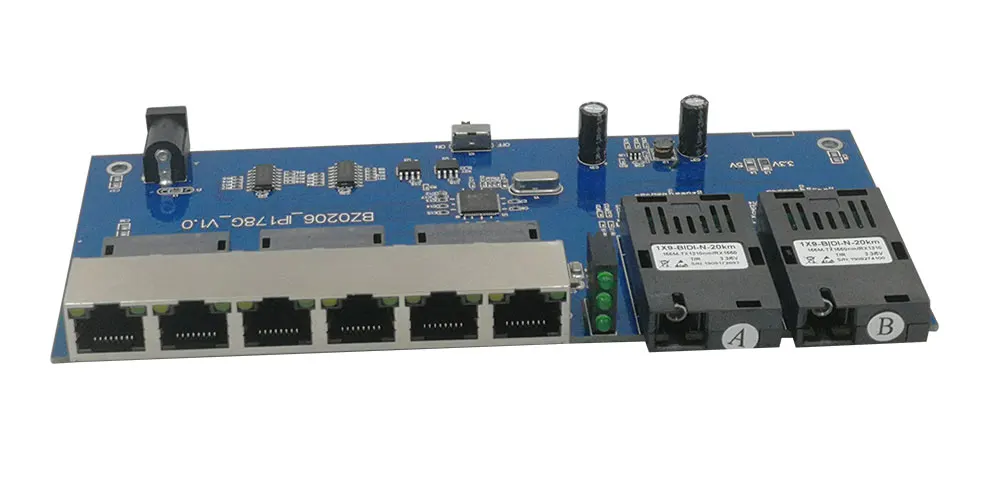 Оптоволоконный переключатель Ethernet 6 RJ45 2 SC оптический медиа конвертер одномодовый волоконно-оптический Порты и разъёмы PCB 10/100 м