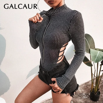 

GALCAUR Knitting Striped Bodysuits Female O Neck Long Sleeve Sexy Bandage Backless Bodysuit For Women Fashion 2020 New Clothes