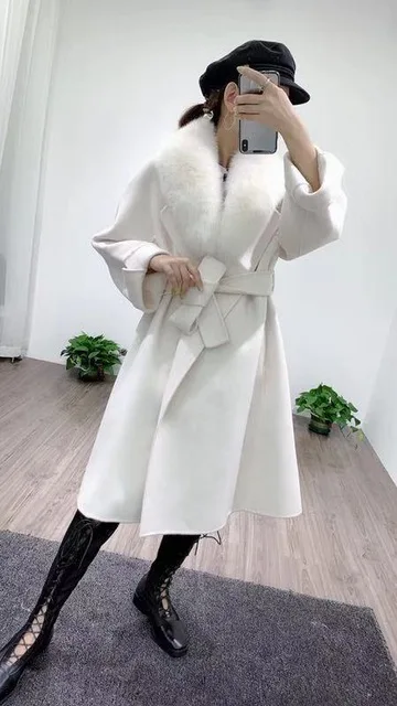 Пальто из натурального меха, зимняя женская куртка, Воротник из натурального Лисьего меха, Кашемировое шерстяное длинное пальто с поясом, женская уличная одежда - Цвет: white