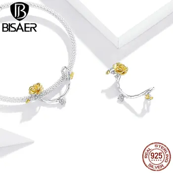 

BISAER Charms 925 Sterling Silver Rose Vines Dangle Yellow Rose Enamel Pendant DIY Bracelets Necklace Fashion Jewelry HVC322