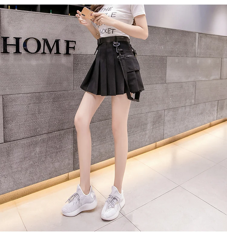 Women Skirts Sexy Gothic Harajuku Short Skirts Casual Black White Grey Sashes Fashion Pleated Skirts Punk Mini Skirt Vintage