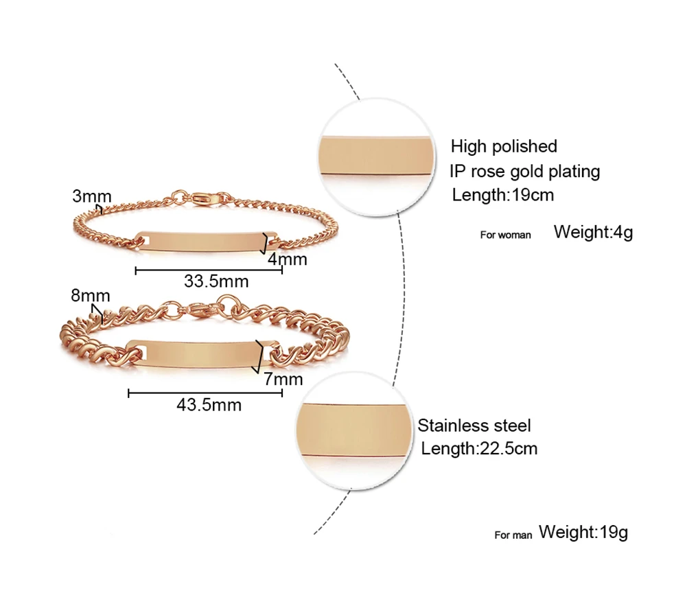 Stainless Steel Bracelet Plate Id Tag Bar Cuban Link Chain Engravable for Men Women Couple