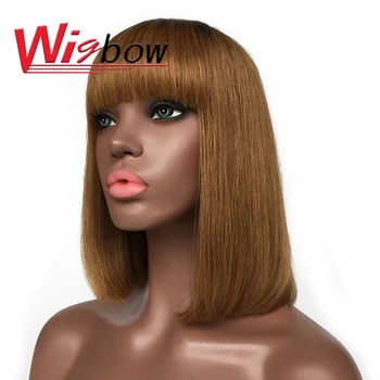 

Straight Bob Wig Peruvian Remy Hair Mid-Length Human Hair Wigs For Women Natural Color Full Machine Made Wigs With Bang