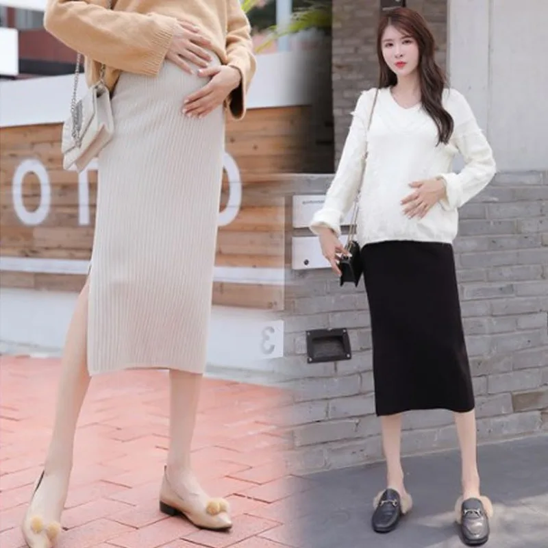 Maternity Skirt Autumn and Winter New Belly Support Dresses Long Slit Pregnant Women Knitted Skirt Pregnancy Dresses JOYRAY.B
