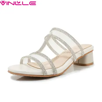 

VINLLE 2020 Transparent PU Crystal Women Pumps Fashion Open-toed Sandals Summer Square Heel Slip on Ladies Shoes Size 34-43
