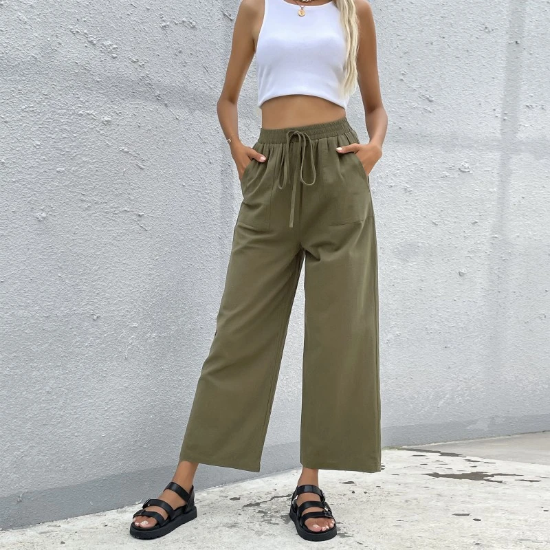 Pantalones tobilleros Vintage para mujer, pantalón de pierna ancha informal, color sólido, con cordón, militar, a la para y pantalones capri| - AliExpress