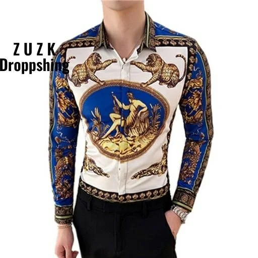 Gold Leopard Print Shirt Men Camisa Masculina Long Sleeve Four Slim Fit Casual Shirts Summer Brand New Mens Club Social Top