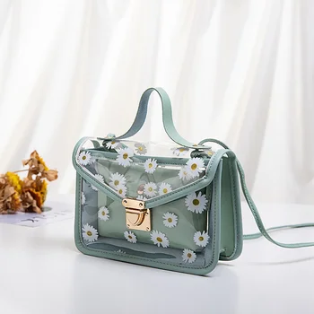 

2020 Fashion Women Transparent Daisy Pattern Shoulder Bag Hardware Chain Strap Color Block Messenger Handbag Composite Tote