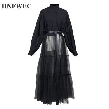 

2020 New Turn-down Collar Full Sleeves Lantern High Waist Mesh Patchwork Spring High Fashion Women Shirt Dress V477