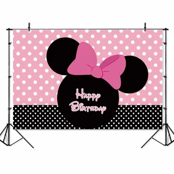 

Vinyl Happy birthday Pink Banner White Dots Children Photography Backgrounds Minnie Ties Party Banner Studio Photo Backdrops