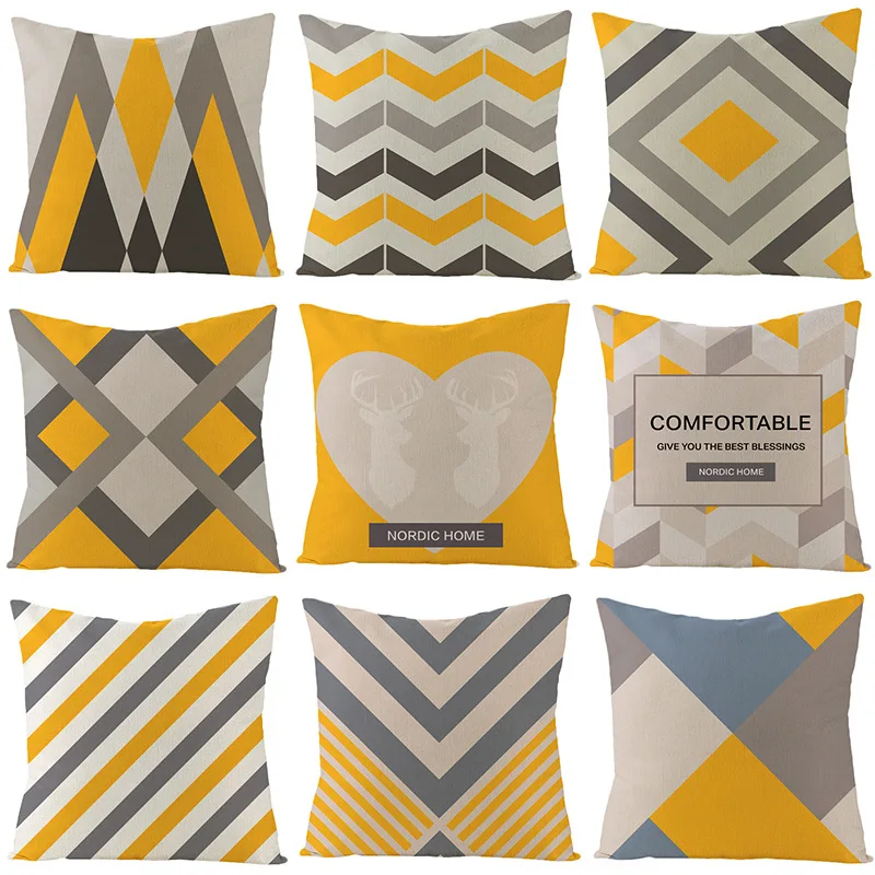 

Yellow Geometry Cushion Cover 45*45 Nordic Decorative Pillowcase Sofa Cushions Cotton Linen Pillow Covers 18X18 Home Decor