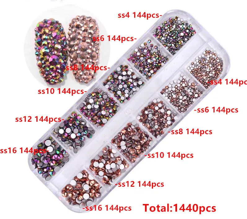 Rainbow AB-Rose Gold 1440 шт Стразы для ногтей кристалл страз перегородка смешанный размер DIY Маникюр 3D Ногти со стразами искусство украшения из страз - Цвет: Rainbow AB-Rose Gold