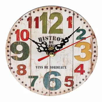 

Practical Artistic Creative European Style Round Colorful Rustic Decorative Antique Wooden Home Wall Clock