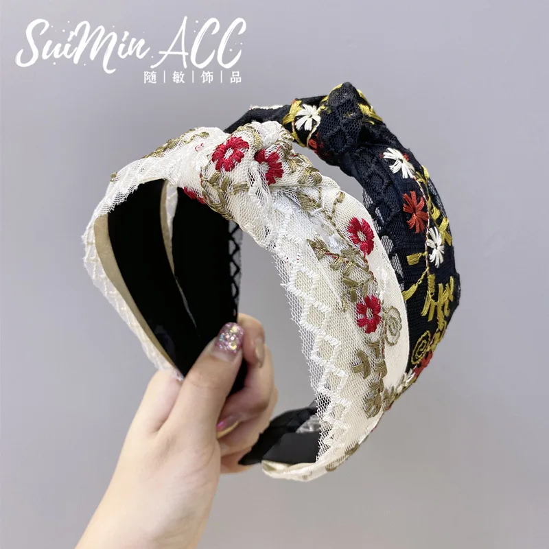 Embroidery Flowers Lace Knot Headbands For Women Sweet Korean Hair Accessories for Girls Bands Hairband Bows |