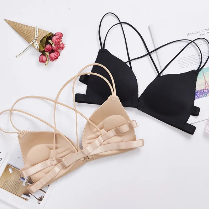 

Deep V Gathers Beautiful Back Comfortable Simple Bra Front Buckle Underwear Rear Cross One-piece Steel Ring Bra Triangle Cup