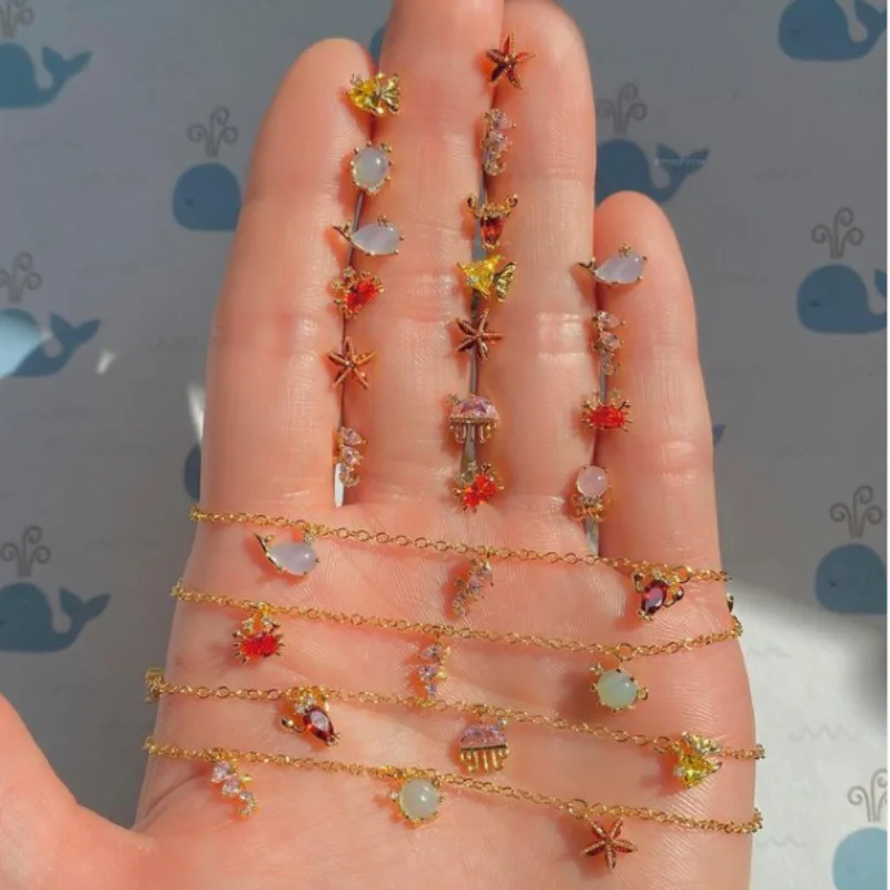 14K Real Plated Zircon Anklets for Women Cute Ocean Fish Starfish Bracelets&anklets