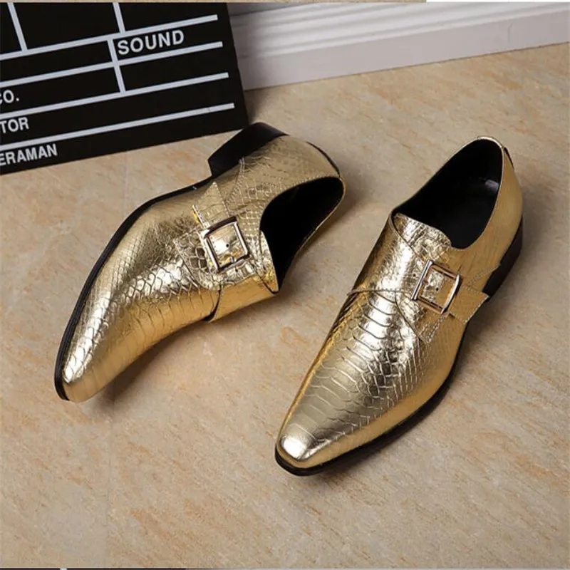 British Men's Genuine Leather Shoes gold/ Silver Business Party Dress Shoes Fashion Flat Wedding Men Gentleman Oxford Shoes