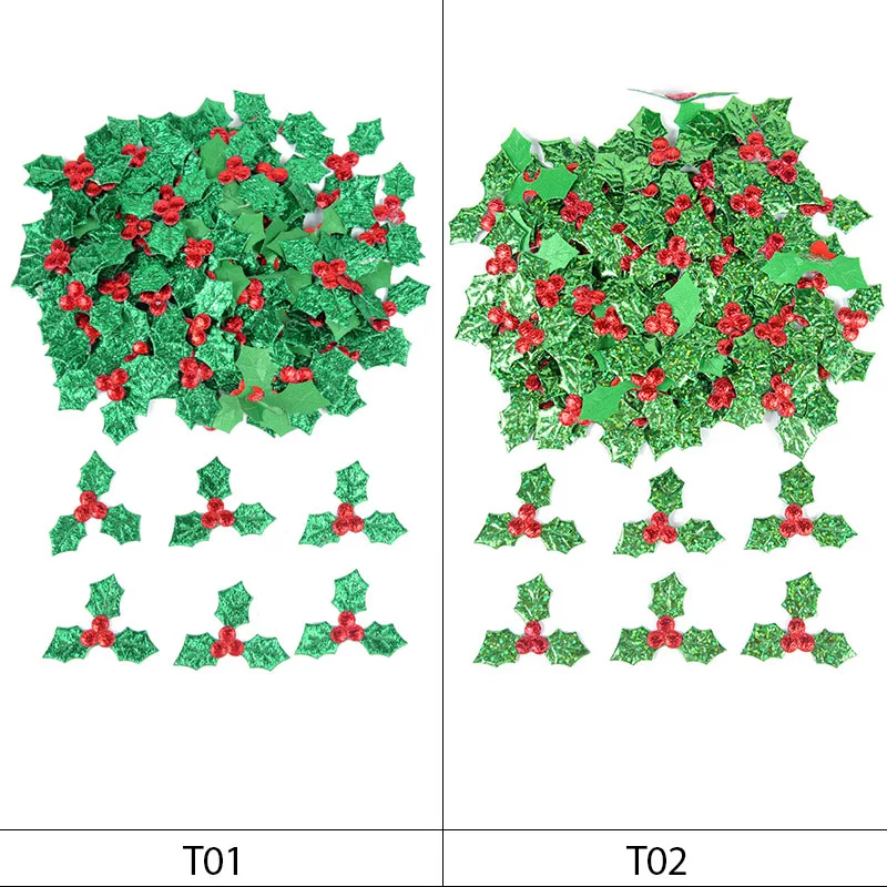 100Pcs Glitter Green Holly Leaf Red Berry Christmas Ornaments Artificial Holly Leaves For Xmas New Year Party Decor DIY Crafts