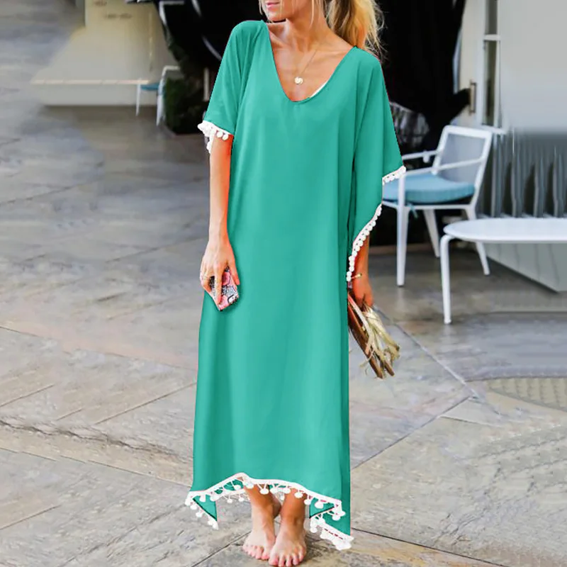 Summer Maxi Dress Fashion Tassel Decoration Women Casual Straight Loose Short Sleeve Boho Beach Long Blouse Plus Size | Женская одежда