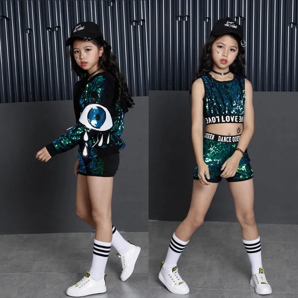 Lolanta 2Pcs/4Pcs Girls Jazz Street Dance Modern Dance Costumes Sequnines Hip Hop Stage Performance Wear 4-16 Years