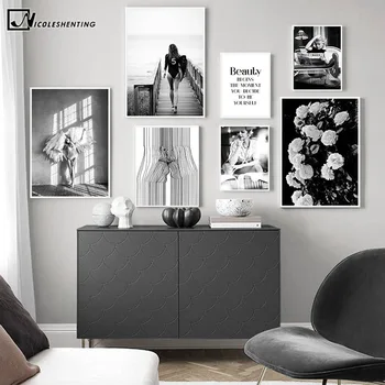 

Fashion Poster Black White Flower Movie Star Canvas Print Wall Art Painting Beauty Quotes Picture Modern Girls Room Decoration