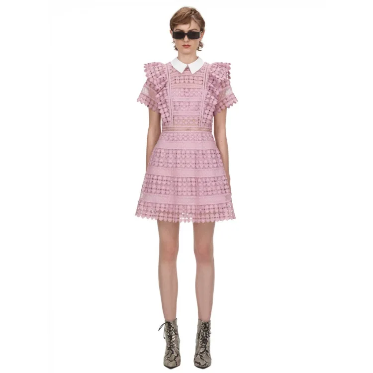 Модное платье для автопортрета розового цвета, женское мини-платье с коротким рукавом и отложным воротником, элегантное кружевное платье трапециевидной формы
