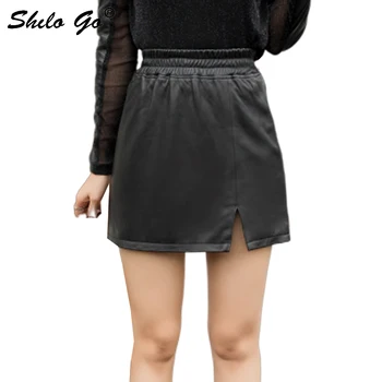 

Genuine Leather Skirt Multicolor Elastic Wiast Split Hem Sheepskin A Line Skirts Women Casual High Waist Solid Pencil Skirts
