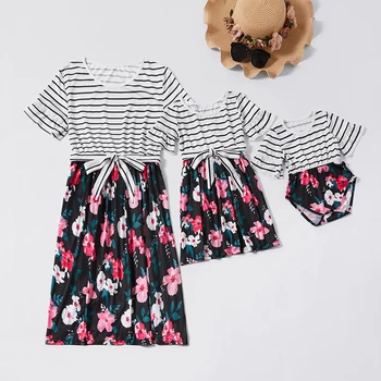 

Striped Patchwork Mother Daughter Dresses Summer Short Sleeve Mom Girl Family Dress Mommy And Me Family Matching Outfits Clothes