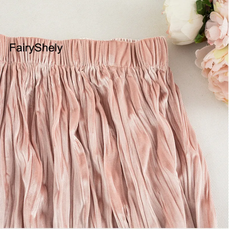FairyShely, плиссированная Вельветовая длинная юбка, Женская Осенняя Зимняя Теплая юбка средней длины с высокой талией, Женская офисная юбка с эластичными лентами